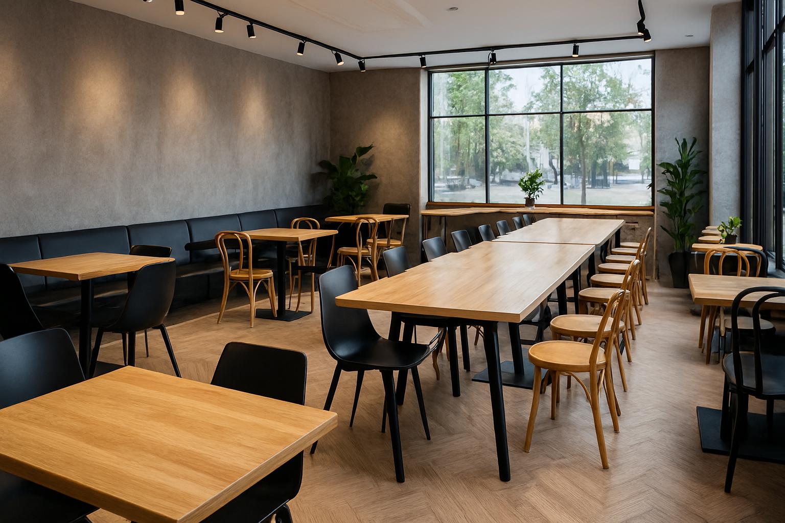 Фото современного кафе с деревянными столами