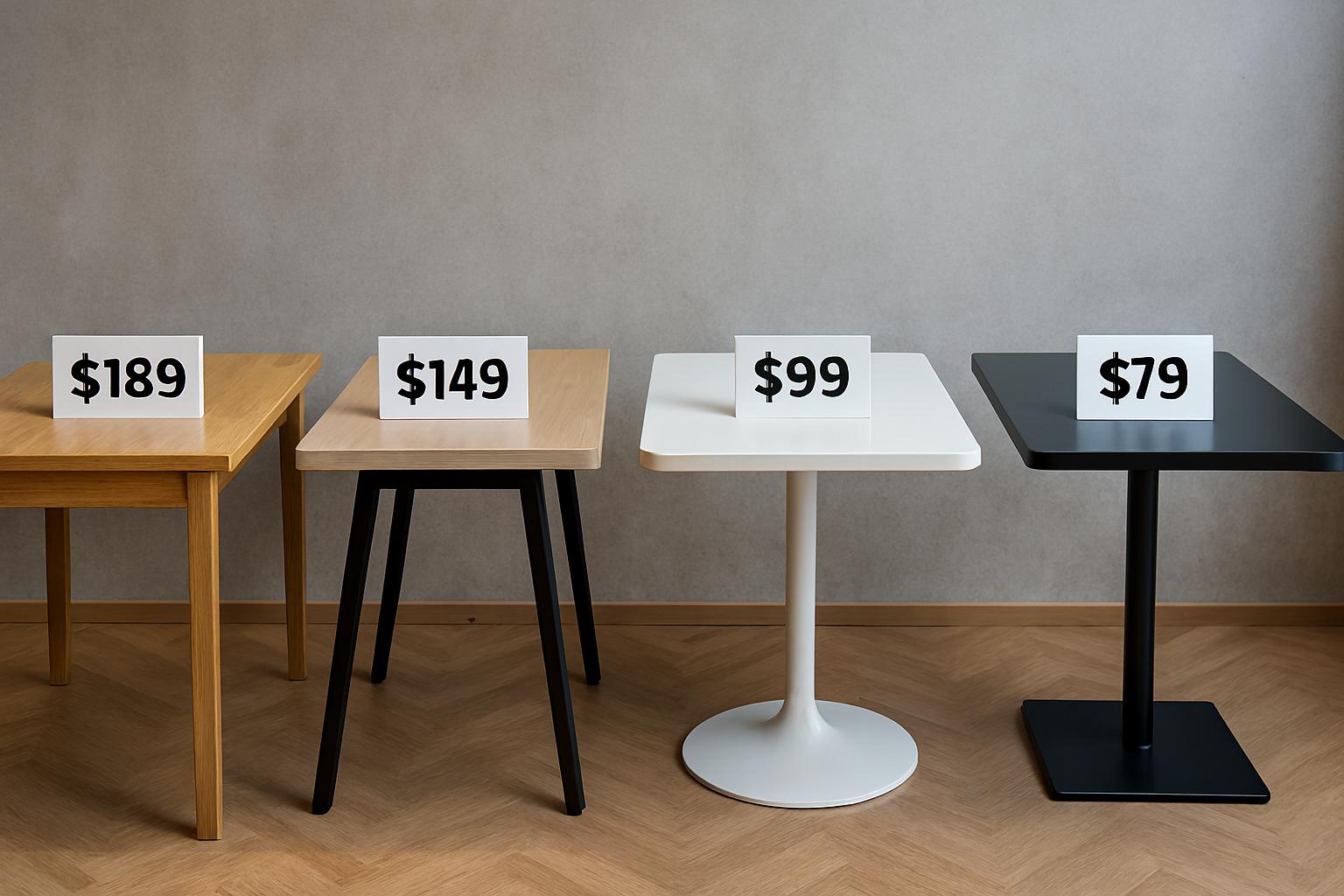 Сравнение разных моделей столов с ценниками на столах