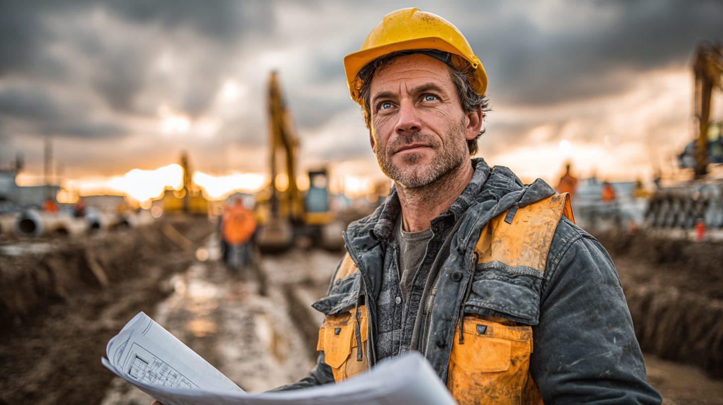 Дмитрий Ковалёв — инженер на фоне дренажной стройки в каске с чертежами