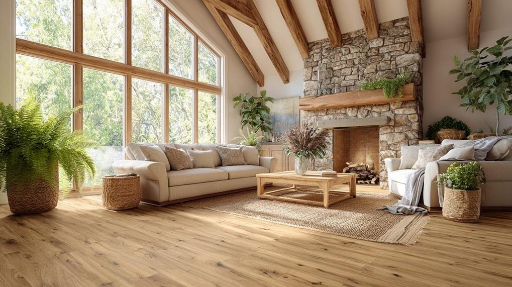 Удачный пример ламинатного покрытия в гостиной коттеджа