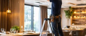 Специалист обслуживает потолочную систему кондиционирования в ресторане