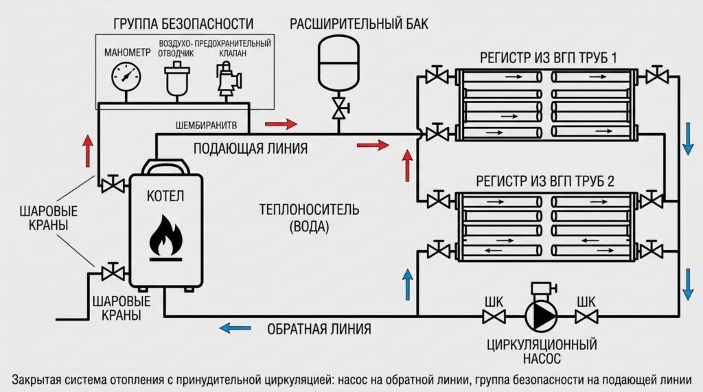 Принципиальная схема закрытой системы отопления гаража с циркуляционным насосом и регистрами из ВГП труб